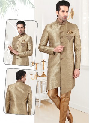 Attractive Light Antique Banarasi Brocade Sherwani Set with Chikoo Trouser