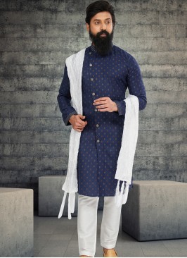 Attractive Navy Blue and Off White Indo Western Ensemble