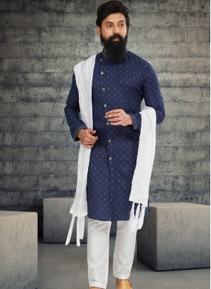 Attractive Navy Blue and Off White Indo Western Ensemble