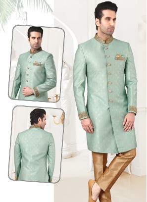 Attractive Light Feroze Banarasi Brocade Sherwani Set with Chikoo Trouser