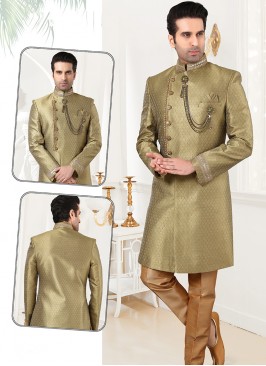 Attractive Light Mehndi Green Jaquard Sherwani Set