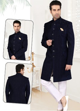 Attractive Navy Blue Imported Velvet Sherwani Set 