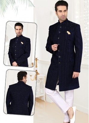 Attractive Navy Blue Imported Velvet Sherwani Set with Off White Trouser