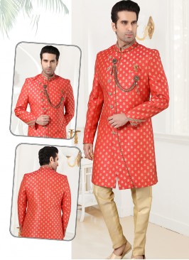 Attractive Rust Jaquard Sherwani Set with Gold Tro