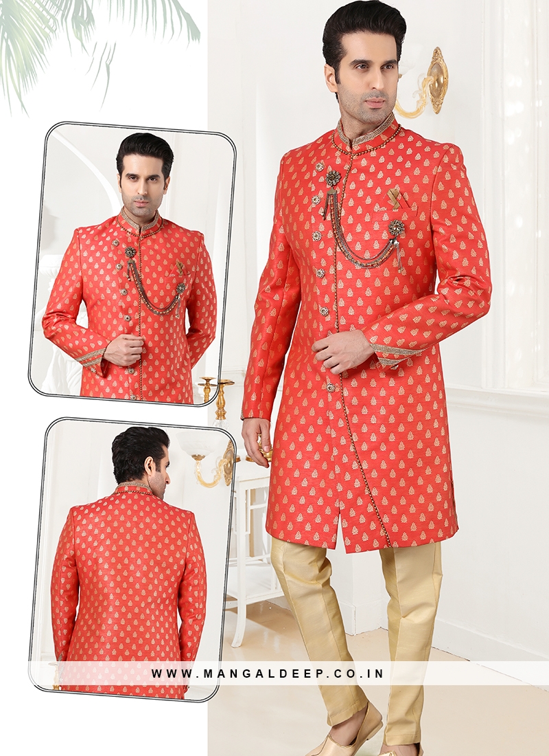 Attractive Rust Jaquard Sherwani Set with Gold Trouser