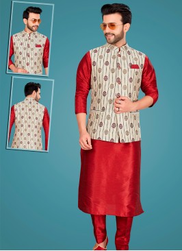 Attractive Marron Art Silk Kurta Pajama Jacket Set with Cream Jacquard Jacket.