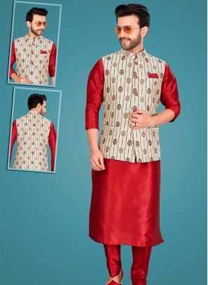 Attractive Marron Art Silk Kurta Pajama Jacket Set with Cream Jacquard Jacket.