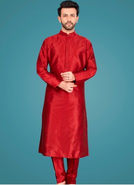 Attractive Marron Art Silk Trouser-Style Kurta Pajama Set.