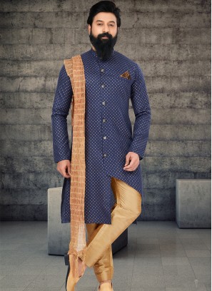 Attractive Navy Blue and Chikoo Indo Western Ensemble