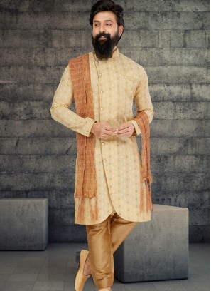 Attractive Light Gold and Chikoo Indo Western Ensemble