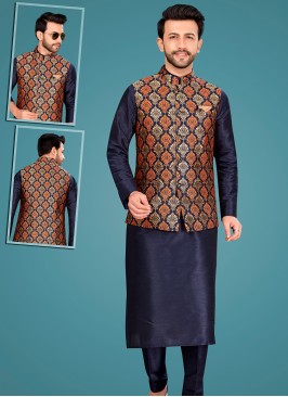 Attractive Navy Blue Art Silk Kurta Pajama Jacket Set with Multi Jacquard Jacket.