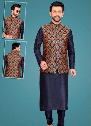 Attractive Navy Blue Art Silk Kurta Pajama Jacket Set with Multi Jacquard Jacket.