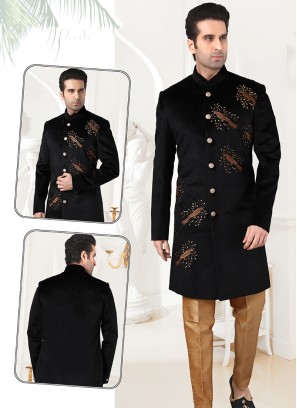 Attractive Black Sweat velvet Sherwani Set with Chikoo Trouser