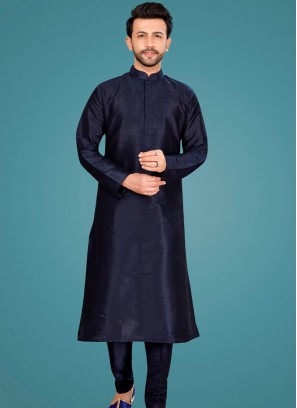 Attractive Navy Blue Art Silk Trouser-Style Kurta Pajama Set.