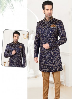 Attractive Navy Blue Art Silk Sherwani Set with Chikoo Trouser