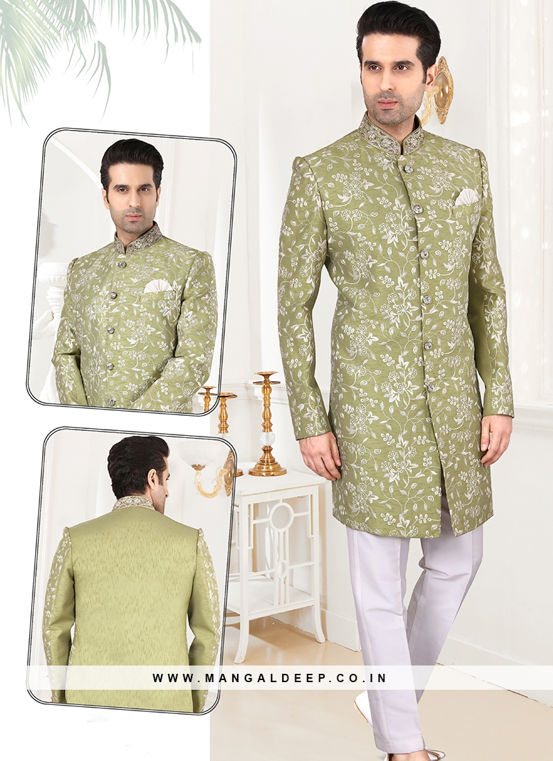 Attractive Pista Green Art Silk Sherwani Set with Off White Trouser