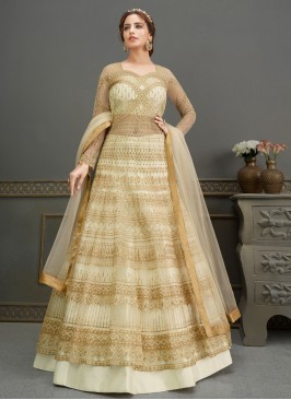 Attractive Net Cream Handwork Floor Length Anarkali Suit