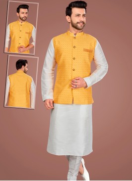 Attractive Off-White Art Silk Kurta Pajama Jacket Set with Yellow Jacquard Jacket.