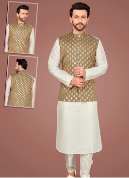 Attractive Lemon Art Silk Kurta Pajama Jacket Set with Mahndi Green Jacquard Jacket.