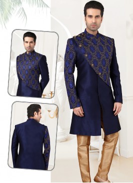 Attractive Navy Blue Brocade&Artsilk Sherwani Set with Chikoo Trouser