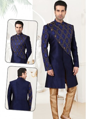 Attractive Navy Blue Brocade&Artsilk Sherwani Set with Chikoo Trouser