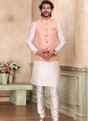 Attractive Peach Banarasi Jaquard silk with chudidar 3pcs Jacket set.