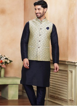 Attractive Blue Banarasi Jaquard silk with chudidar 3pcs Jacket set.
