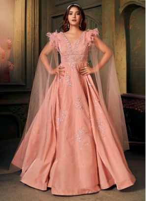 Attractive Peach Sequins Net Readymade Gown