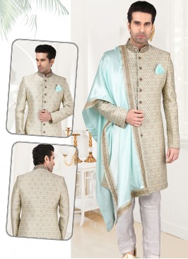 Attractive Light Pista Banarasi Brocade Sherwani Set with Off White Trouser