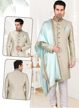 Attractive Light Pista Banarasi Brocade Sherwani S