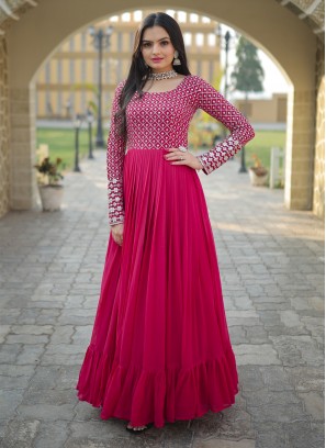 Attractive Pink Embroidered Faux Blooming Georgette Festive wear Gown