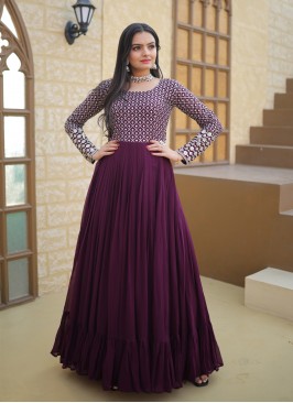 Attractive Wine Embroidered Faux Blooming Georgette Festive wear Gown