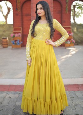 Attractive Yellow Embroidered Faux Blooming Georgette Festive wear Gown