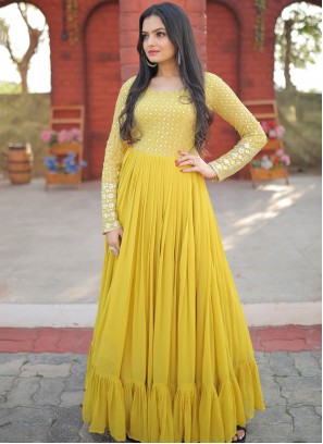 Attractive Yellow Embroidered Faux Blooming Georgette Festive wear Gown
