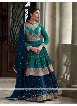 Attractive Aqua Blue Georgette Suit With Embroidery Work