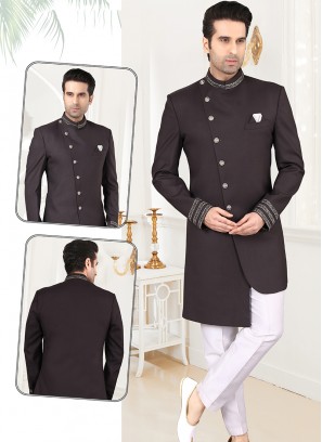 Attractive Black Imported Suiting Sherwani Set with Off White Trouser