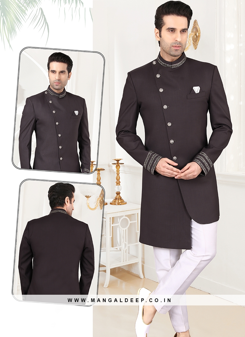 Attractive Black Imported Suiting Sherwani Set with Off White Trouser