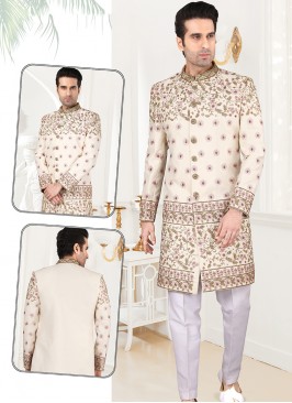 Attractive Gold Art Silk Sherwani Set with Off Whi