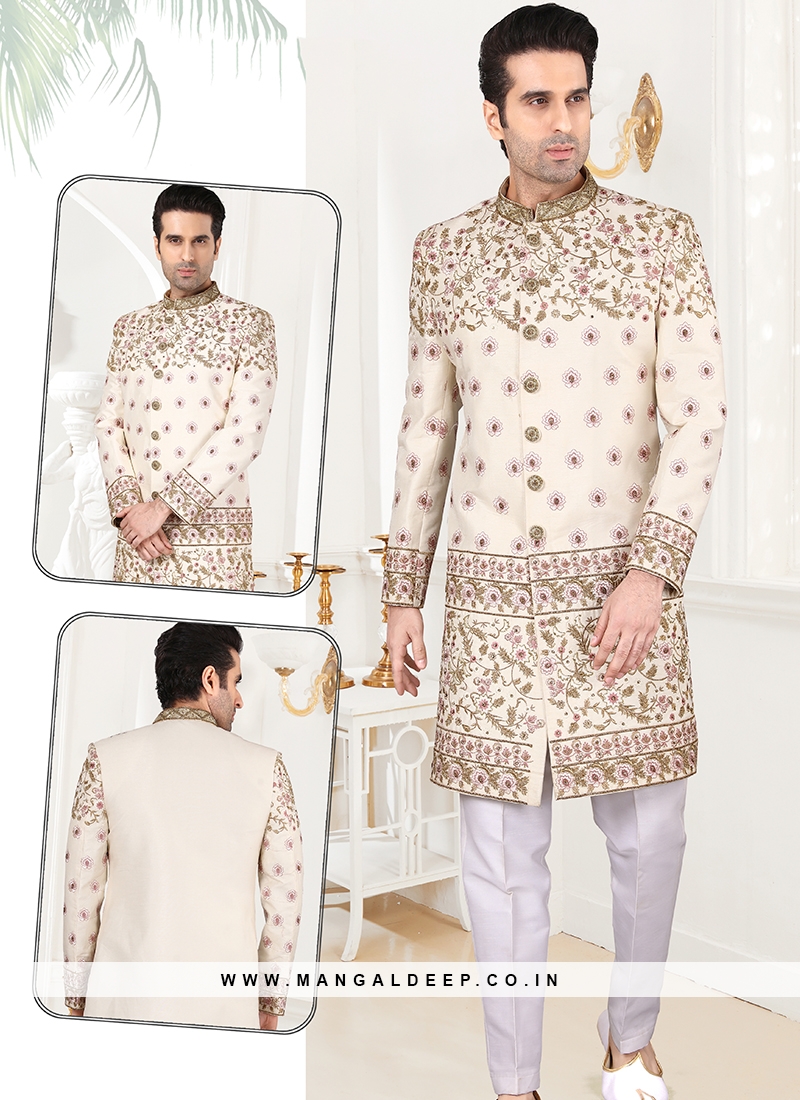 Attractive Gold Art Silk Sherwani Set with Off White Trouser
