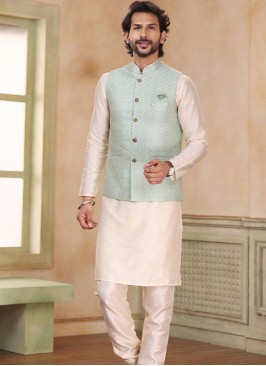 Attractive Pista Green Banarasi Jaquard silk with chudidar 3pcs Jacket set.