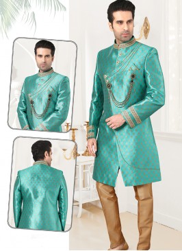 Attractive Rama Jaquard Sherwani Set with Chikoo T