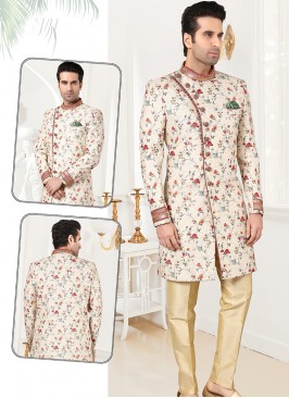 Attractive Light Gold Banarasi Brocade Print Sherwani Set with Gold Trouser