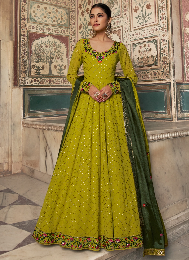 Attractive Green Sequins Work Georgette Party Wear Gown