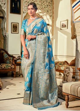 Attractive Weaving Blue Contemporary Saree