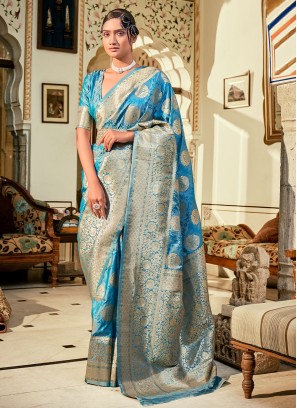 Attractive Weaving Blue Contemporary Saree