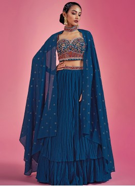 Attractive Navy Blue Chinon party wear lehenga choli.