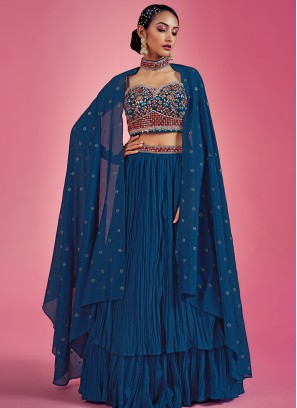 Attractive Navy Blue Chinon party wear lehenga choli.