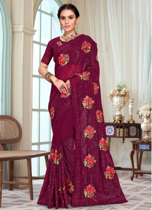 Attractive Wine Georgette Contemporary Style Saree