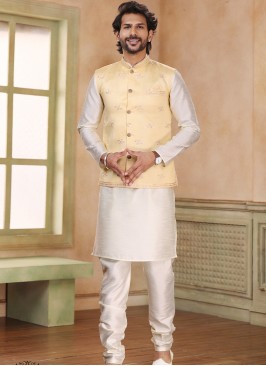 Attractive Yellow Banarasi Jaquard silk with chudidar 3pcs Jacket set.