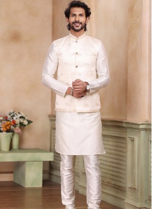 Attractive Cream Banarasi Jaquard silk with chudidar 3pcs Jacket set.